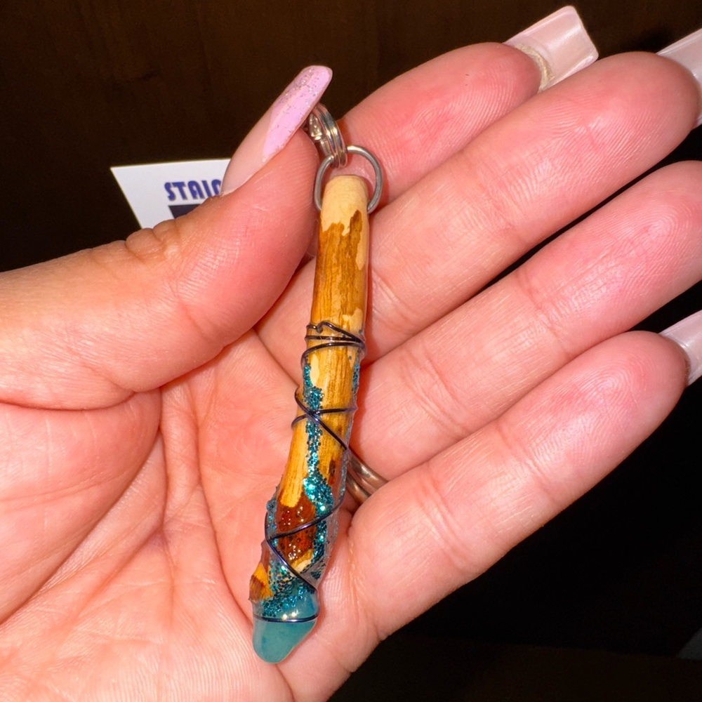 Handcrafted coper wrapped keychain mini wand with Blue Accents